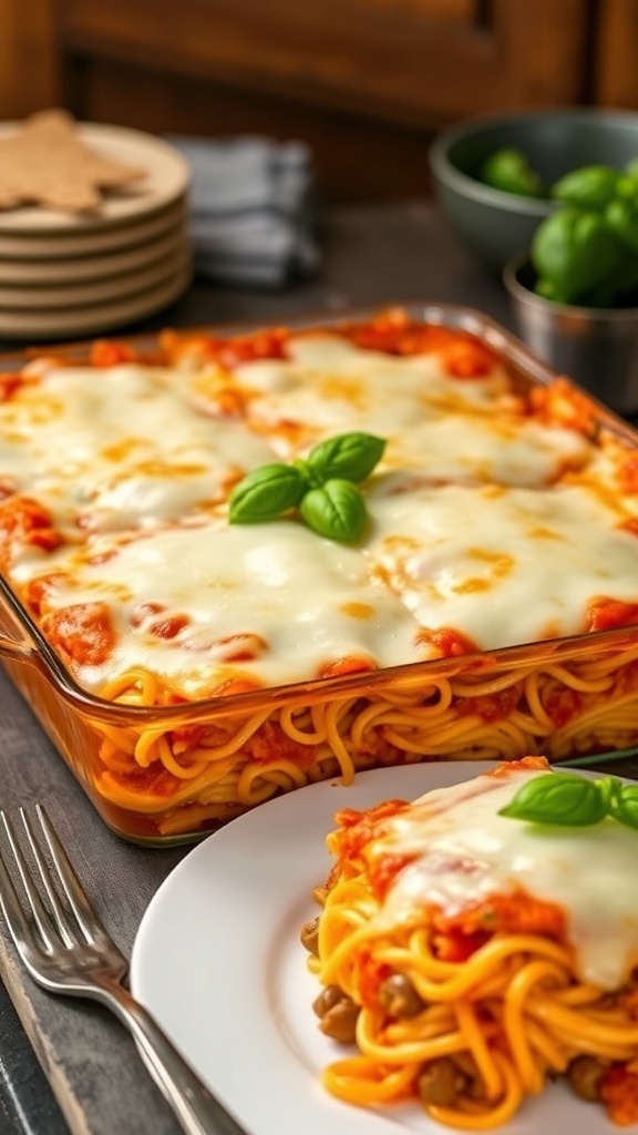 Baked spaghetti casserole with melted cheese and marinara sauce, garnished with basil, in a baking dish.